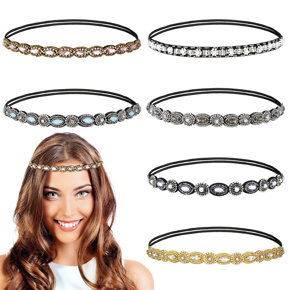 6 Pieces Rhinestone Beaded Headbands Elastic Rhinestone Headbands Vintage